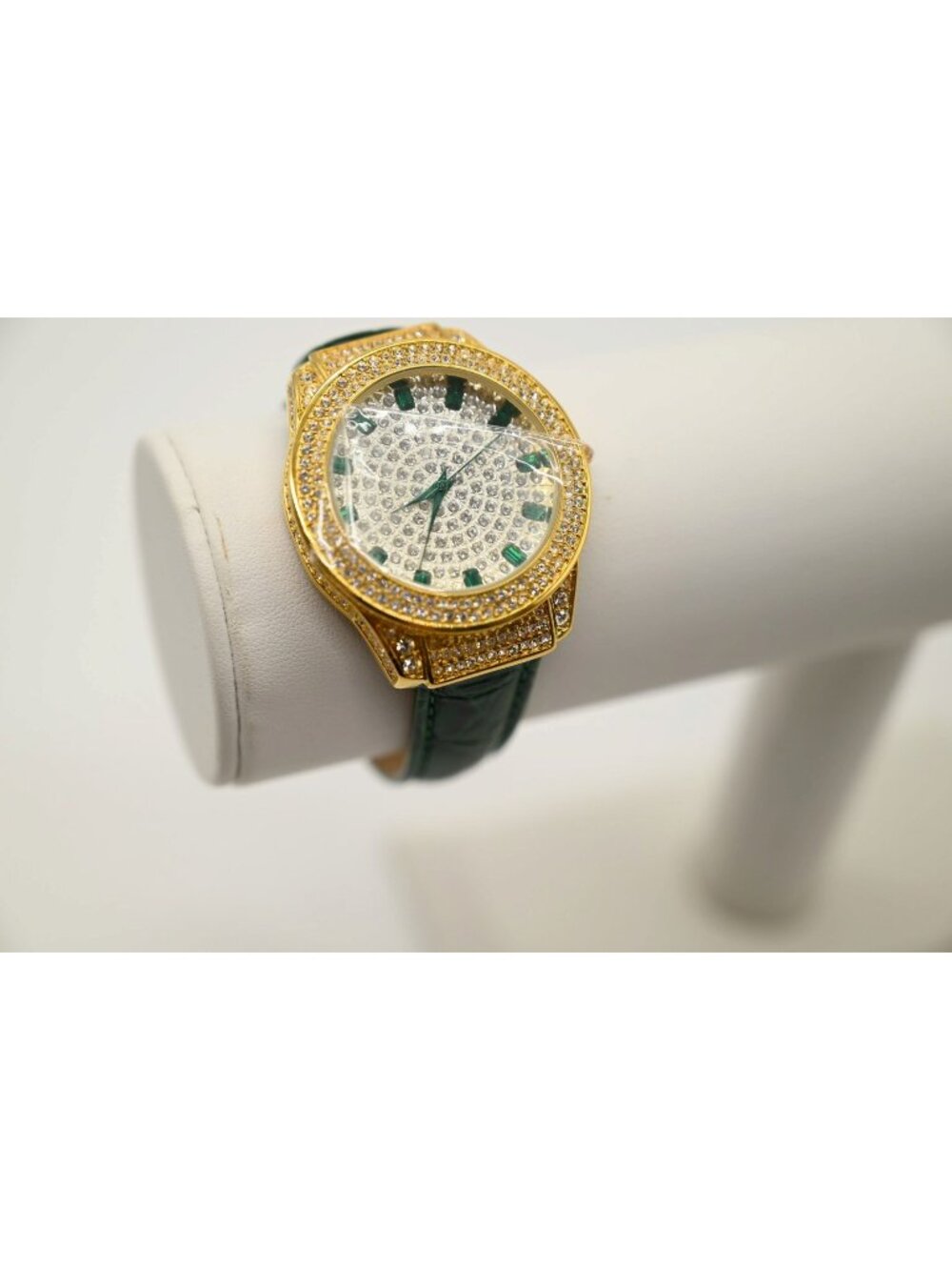 Adrienne Gold Tone Rhinestone Green Leather Watch Couture Limited Edition Swiss